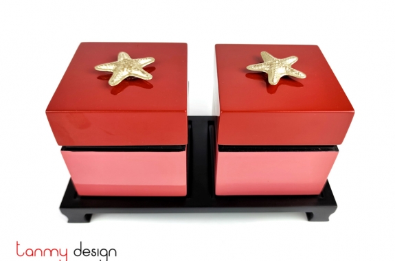 Set of 2 pink/red square boxes 10cm attached with starfish included with stand